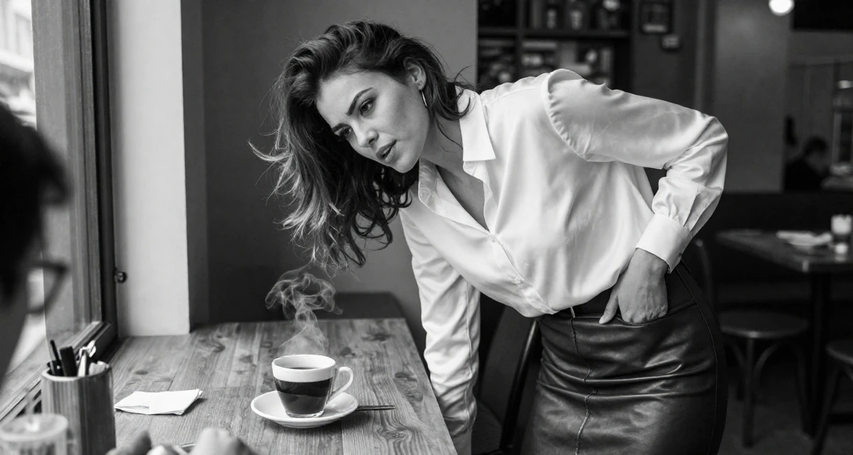 A relieved Female Once a warehouse picker, now building a creator brand from scratch in their 26, dealing with younger competition while finding identity, wearing a white silk shirt tucked into a leather pencil skirt, looking for something in a pocket in a breakfast nook.