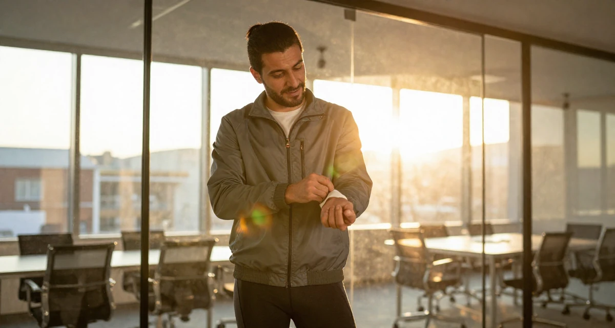 A glowing male From Ankara Türkiye, holds a degree in international trade in their 33, dealing with rising living costs, wearing a sporty windbreaker and leggings, fixing a cufflink in a glass-walled conference room.