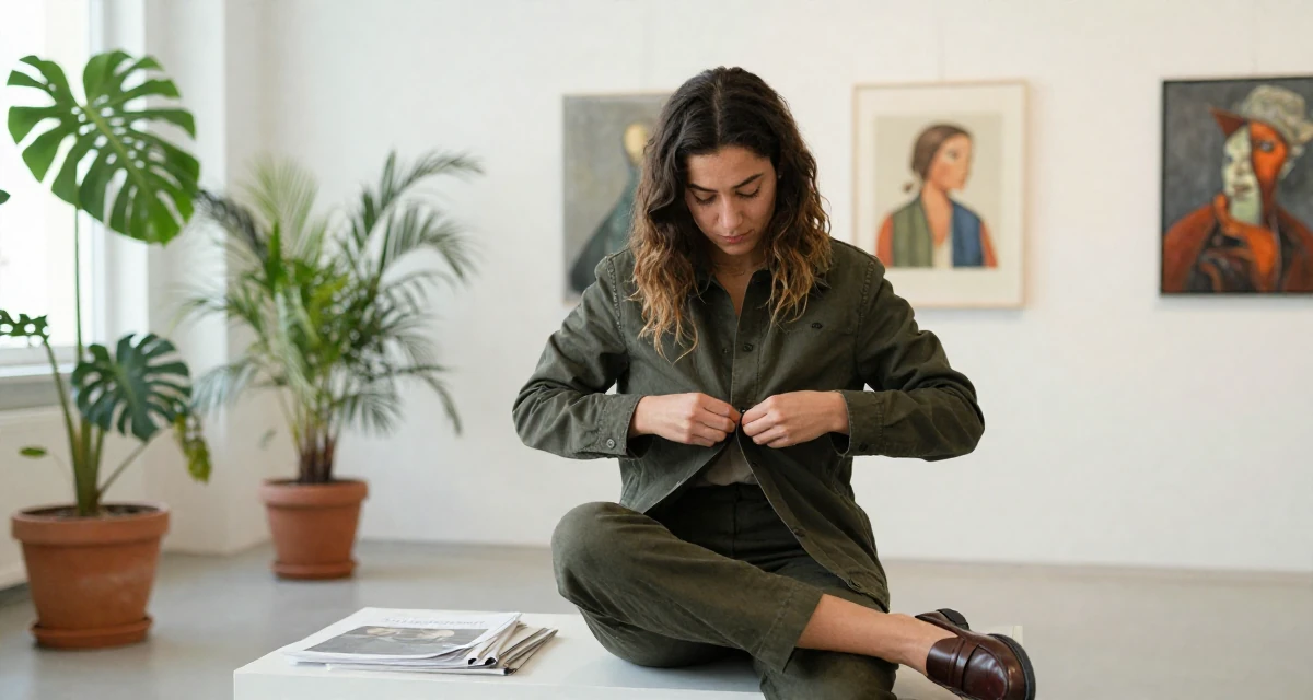 A resilient Female From Athens Greece, studied philosophy in their 25, embracing full creative control over a bold persona, wearing a polished loafer and trousers look, buttoning a jacket in a art gallery hall.
