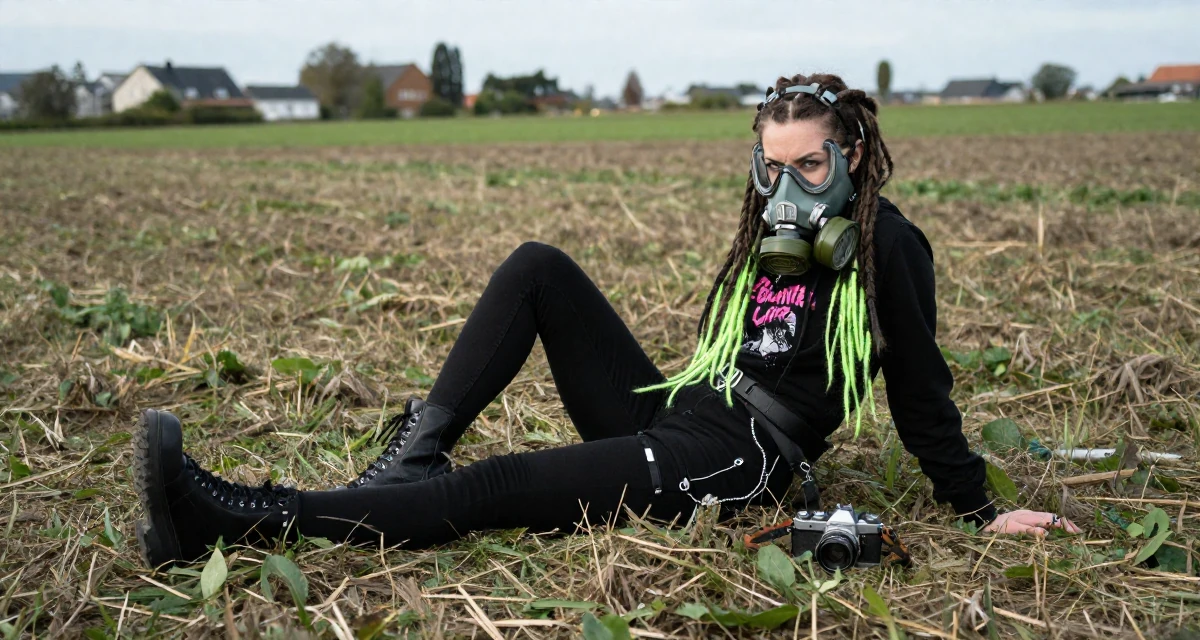 A defiant Female From Geneva Switzerland, studied international hospitality in their 25, managing tight budgets as a student, wearing a cyber-goth outfit with gas mask and neon dreads, pausing mid-step in a farm field.