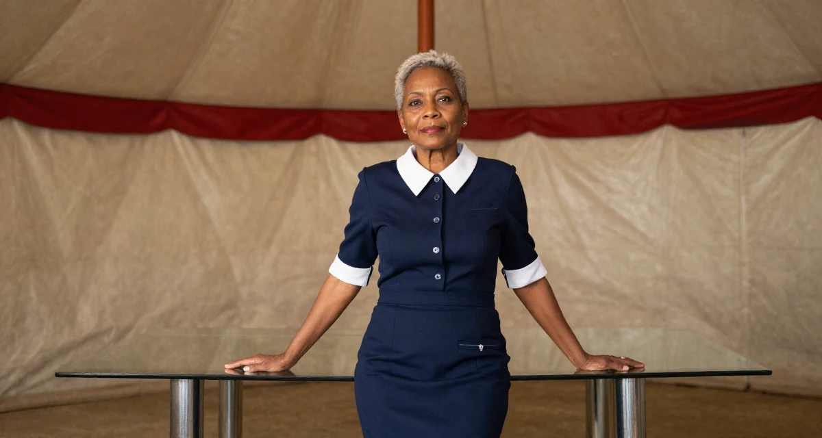 A calm and confident Female From Madagascar, majored in ecotourism in their 40, defying stereotypes of aging women, wearing a navy blue dress with white collar and cuffs, reaching for a pocket in a circus tent interior.