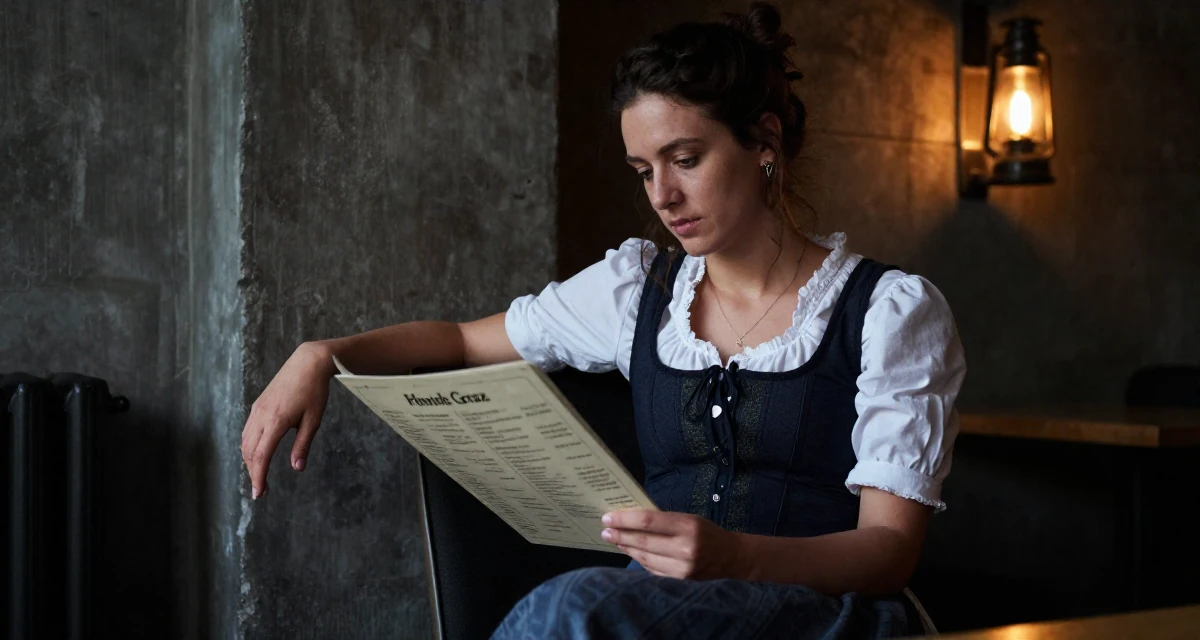 A relaxed Female From Austria, based in Graz, graduated from an arts academy majoring in emotional portrait direction in their 35, balancing a PhD study with content creation, wearing a peasant girl corset dress with a white blouse, looking at a menu in a industrial loft.