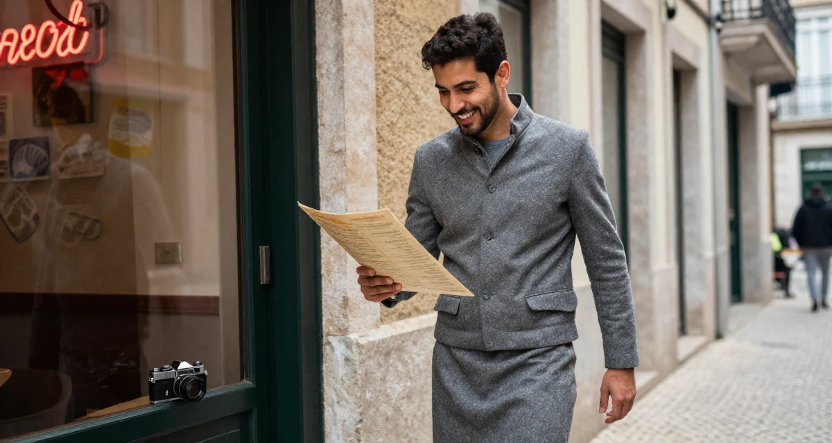 A warm and welcoming male From Portugal, majored in architecture in their 25, realizing fans respond to confident playful energy, wearing a grey wool skirt suit with a fitted jacket, looking at a menu in a neon-lit alleyway.