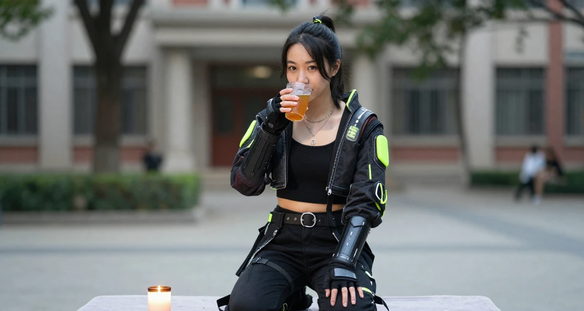 A friendly and approachable Female From Chinese-speaking regions, majored in marketing analytics in their 31, feeling the biological clock or societal pressure, wearing a cyberpunk street samurai gear with neon accents, sipping a warm drink in a university campus.