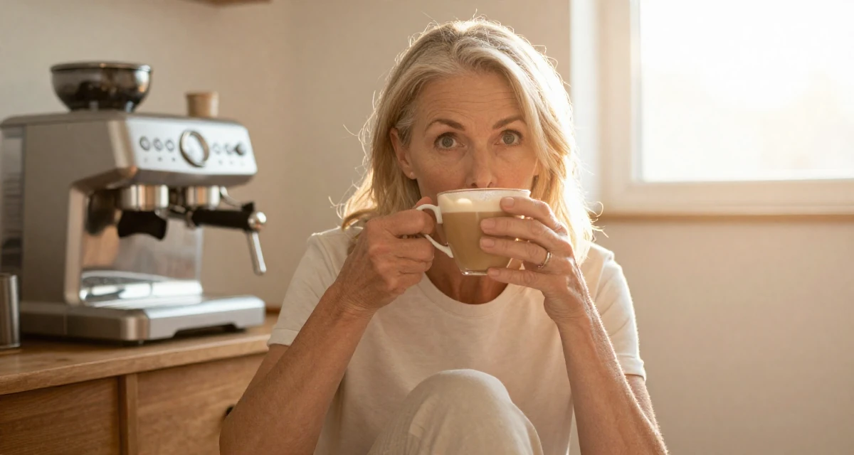 A curious and focused Female Former massage therapist, now offering wellness-focused content in their 40, defying stereotypes of aging women, wearing a urban minimalist silhouette, sipping a latte in a home interior.