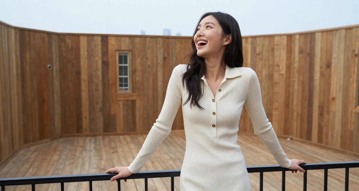 A ecstatic Female From South Korea, studied textile design and fashion in their 25, developing early financial habits, wearing a ribbed cotton dress with buttons down the front, gazing at the sky in a dungeon cell.