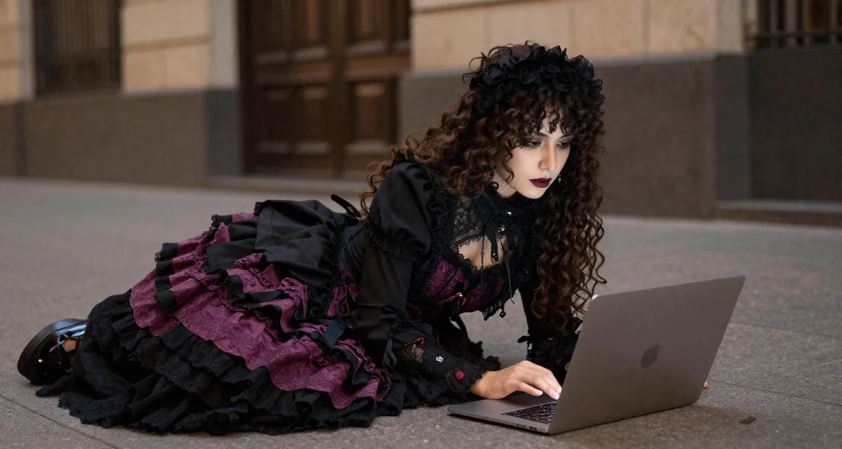 A focused Female From Mexico, studied cultural studies in their 29, refusing to settle for mediocrity, wearing a elaborate gothic lolita dress with frills and lace, typing on a laptop in a city sidewalk.
