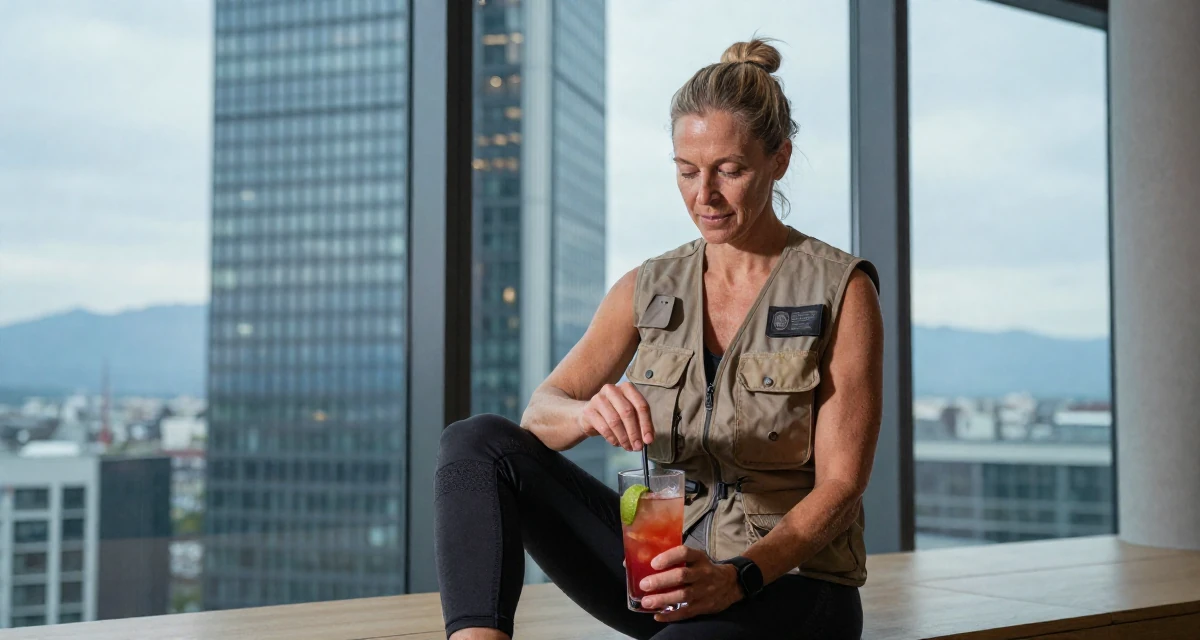 A resilient Female From Munich Germany, studied fitness conditioning and physique training in their 40, inspiring others to chase dreams at any age, wearing a urban explorer utility vest look, stirring a drink in a modern skyscraper lobby.