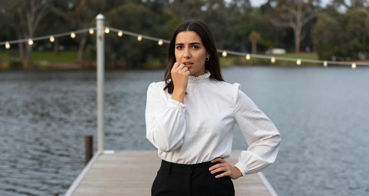 A inspired Female Grew up in Australia, majored in digital communication in their 21, feeling the pressure of impending graduation, wearing a high-neck victorian style blouse and black slacks, biting a lip thoughtfully in a lakeside dock.