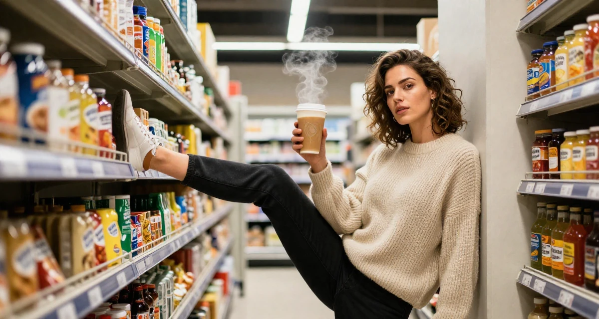 A self-assured Female From Belgium, based in Ghent, graduated from a business school majoring in international marketing in their 27, just moved into a small apartment alone, wearing a soft cashmere sweater worn with nothing visible underneath, kicking up dust playfully in a supermarket aisle.