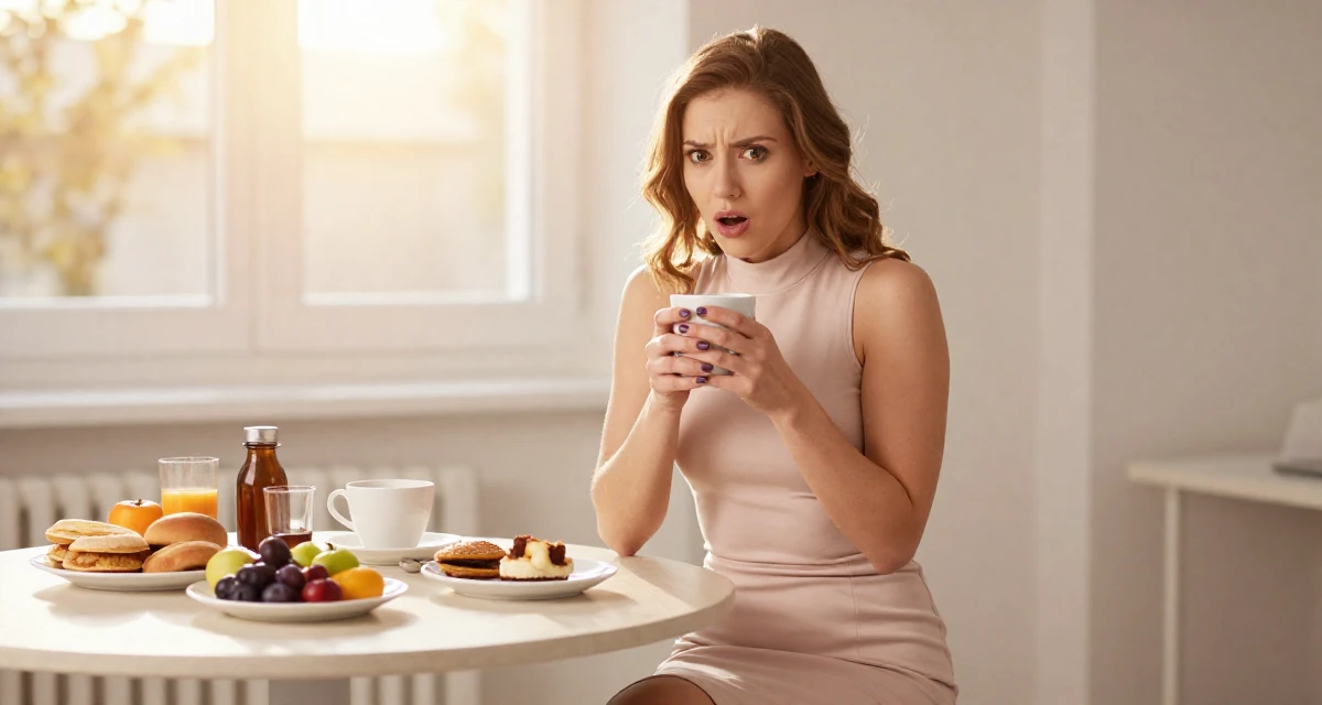 A defiant Female From Munich Germany, studied mechanical engineering in their 22, shocked by the cost of rent and groceries, wearing a mock neck sleeveless top and a pencil skirt, holding a coffee cup with both hands in a breakfast nook.