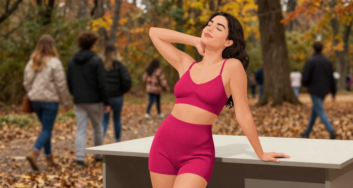 A sympathetic Female From Argentina, studied digital illustration at a local art institute in their 23, experimenting with bolder lingerie styles while staying safe, wearing a ribbed knit shorts and a matching bra top, stretching the neck in a autumn forest.