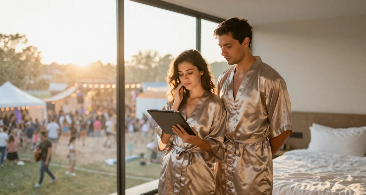 A melancholic yet beautiful Female Previously a music major, now offering exclusive performance clips in their 38, single dad sharing parenting hacks, wearing a short silk robe tied loosely, holding a tablet in a minimalist bedroom.