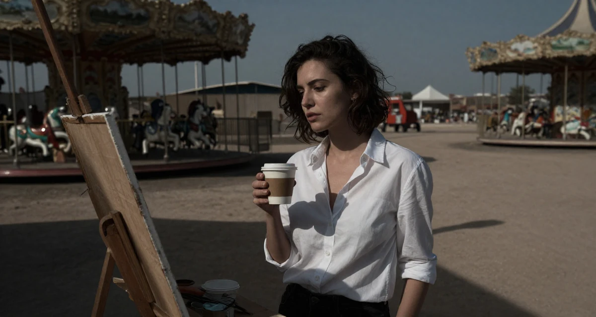 A bewitching Female From France, based in Lyon, graduated from an arts school majoring in fashion communication in their 38, rediscovering old hobbies like painting, wearing a crisp button-up with rolled sleeves, holding a cup of coffee in a carnival with rides.