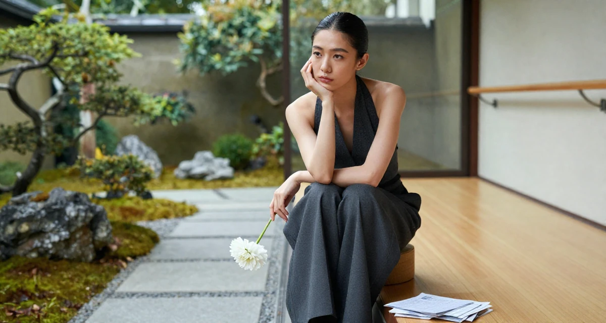 A wistful Female Former phone-shop clerk, now combining tech and lifestyle content in their 23, pretending everything is fine while barely covering bills, wearing a halter neck top and wide-leg office trousers, holding a single flower in a ballet studio.