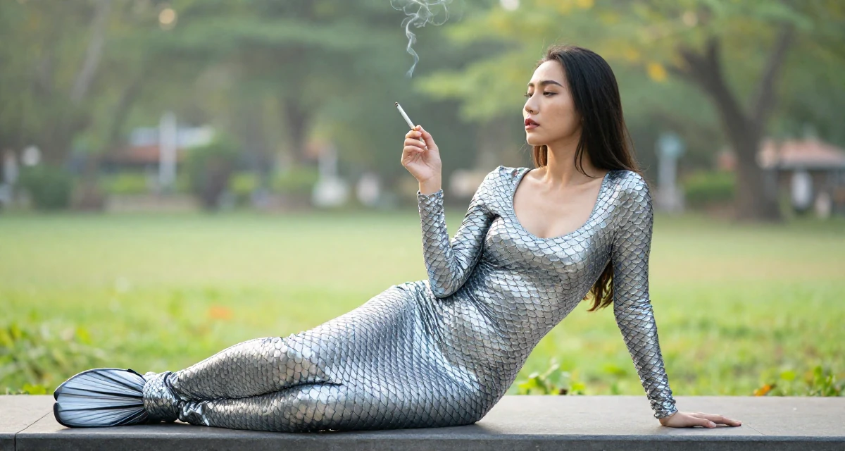 A determined Female From Bangkok Thailand, studied tourism management in their 38, reviewer of high-end tech products, wearing a mermaid scale texture bodysuit with fin details, holding a cigarette (lit or unlit) in a quiet park.