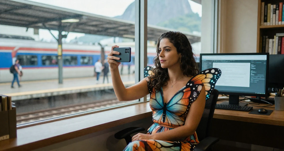 A cool and collected Female From Rio de Janeiro Brazil, majored in public relations in their 41, expert in digital marketing for small biz, wearing a butterfly-themed fairy dress with large wings, taking a photo in a quiet library corner.