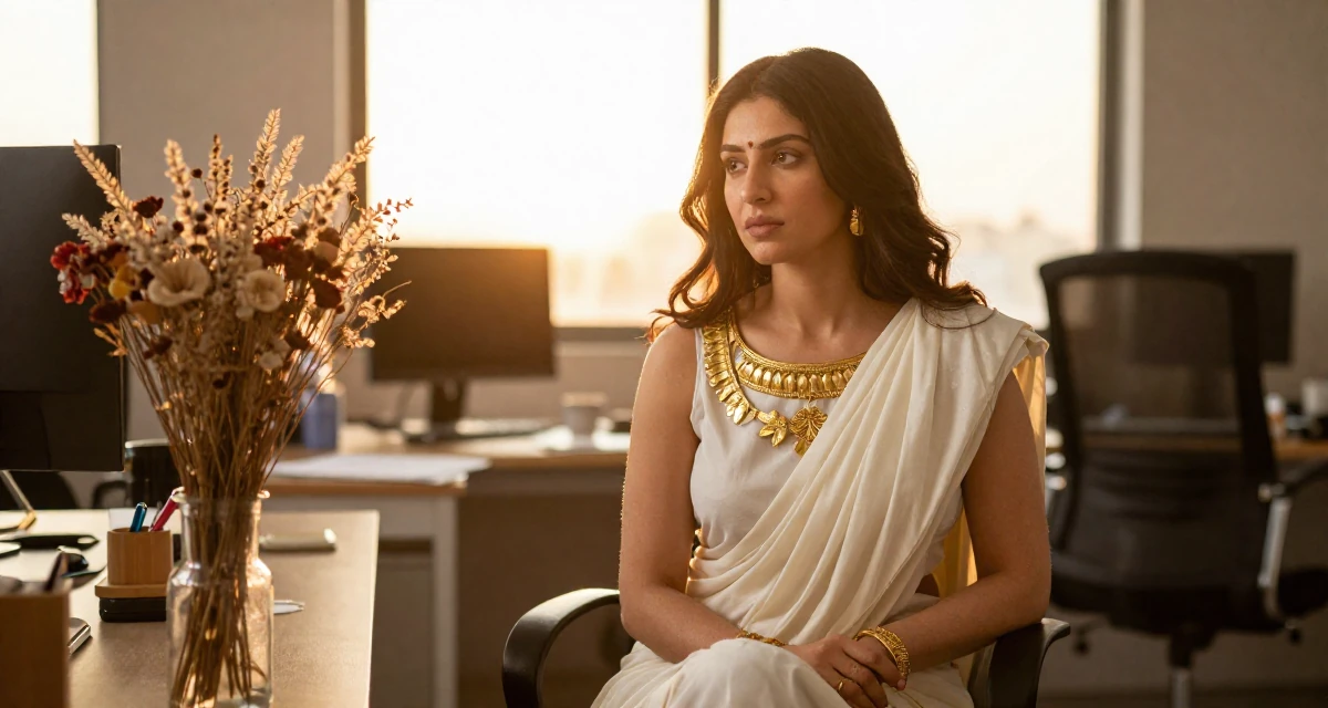A thoughtful Female From Pakistan, majored in mass communication in their 31, enjoying the fruits of labor from the 20s, wearing a greek goddess toga with gold leaf accessories, shivering slightly in a office break room.