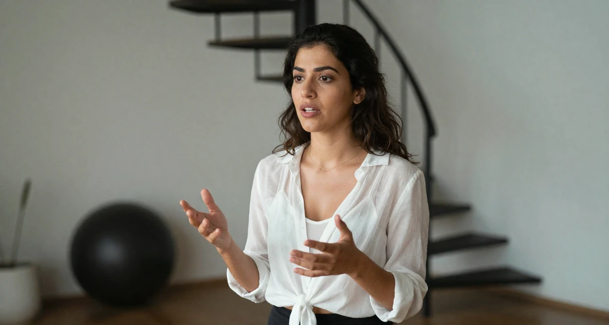 A fascinated Female From Argentina, based in Buenos Aires, graduated from a media institute majoring in flirtatious content styling in their 20, unsure of their major but faking confidence, wearing a sheer white blouse with a delicate camisole underneath, gesturing while talking in a yoga studio.