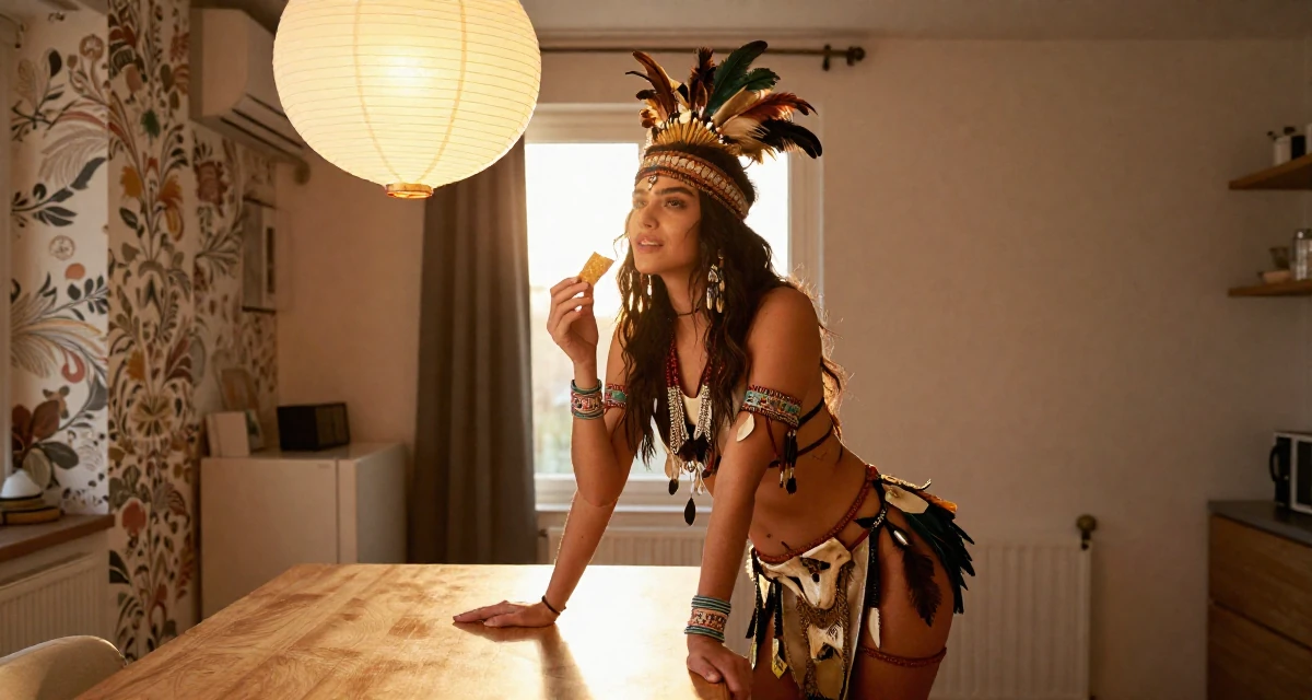 A commanding Female Previous dental assistant, now exploring body-empowerment narratives in their 22, romanticizing the struggle of city living, wearing a tribal shaman outfit with feathers and bones, holding a snack in a modern apartment.