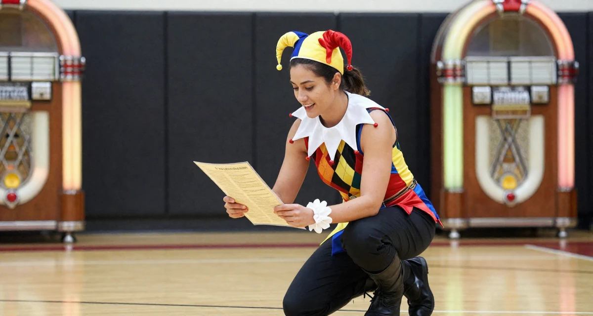 A happy Female Former security guard, now a bold confidence-themed creator in their 47, preparing for empty-nest life, wearing a harlequin jester costume with a diamond pattern, looking at a menu in a basketball court.