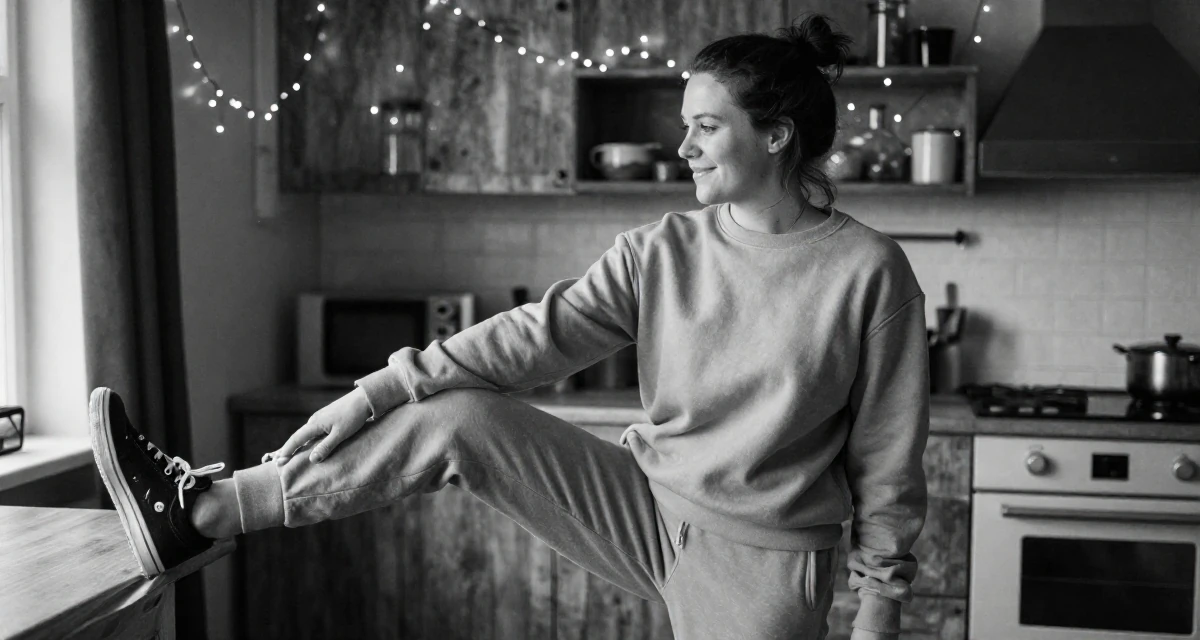A quietly happy Female From Bergen Norway, studied business economics in their 25, trying to build an aesthetic that feels authentic, wearing a relaxed jogger and sweatshirt combo, glancing sideways in a rustic kitchen.