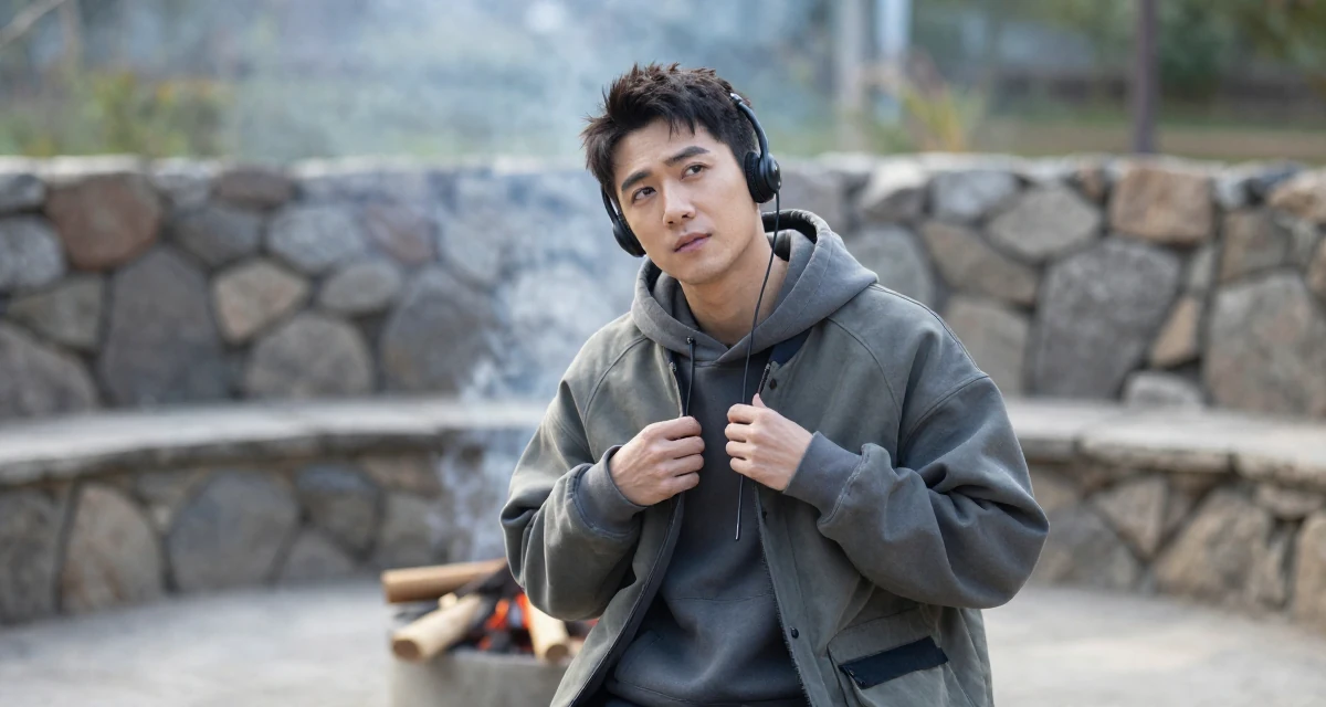 A observant male Former call-center worker, now crafting confidence-centric creator content in their 34, redefining what success means personally, wearing a trendy oversized hoodie, putting on a jacket in a campfire circle.