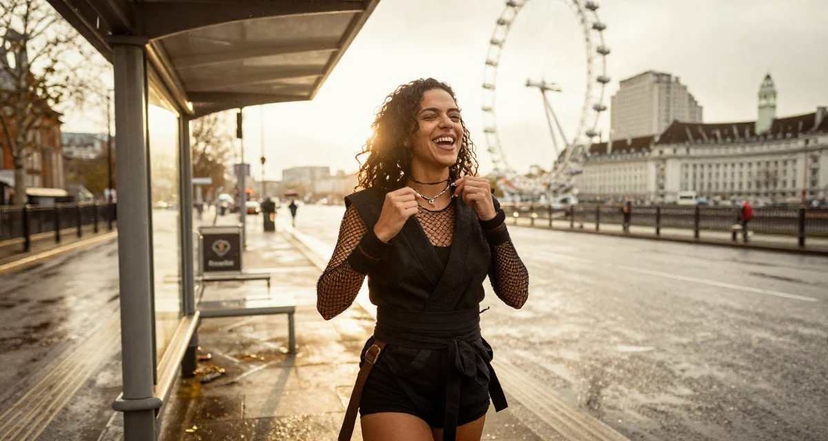 A triumphant Female From Brazil, has a background in journalism in their 35, at the peak of creative energy and output, wearing a ninja kunoichi outfit with fishnet details, fiddling with a necklace in a bus stop in the rain.