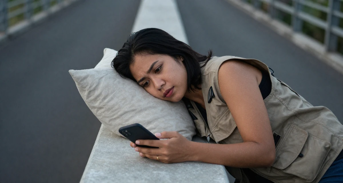 A awestruck Female From Indonesia, based in Bali, graduated from an arts institute majoring in expressive digital portraits in their 39, sharing stories of resilience and growth, wearing a urban explorer utility vest look, reading a text message in a bridge walkway.