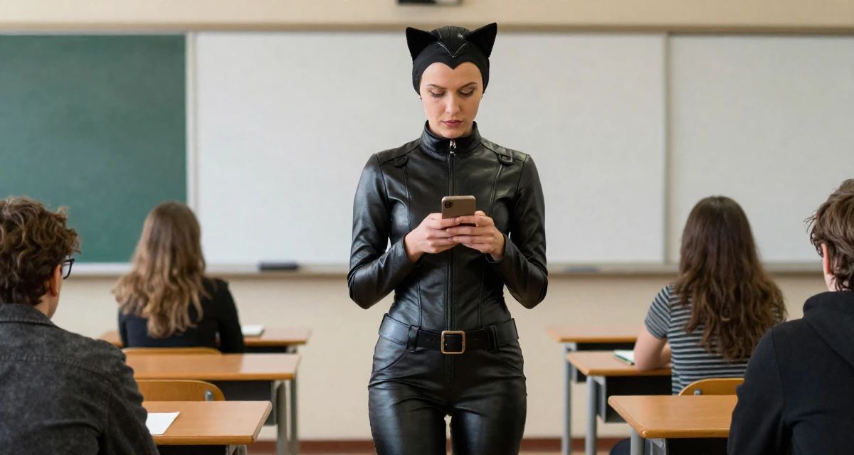 A captivating Female From Poland, studied biotechnology in their 23, embracing flirtatious storytelling in creative sets, wearing a tight leather cat burglar suit with a utility belt, texting with both thumbs in a classroom setting.