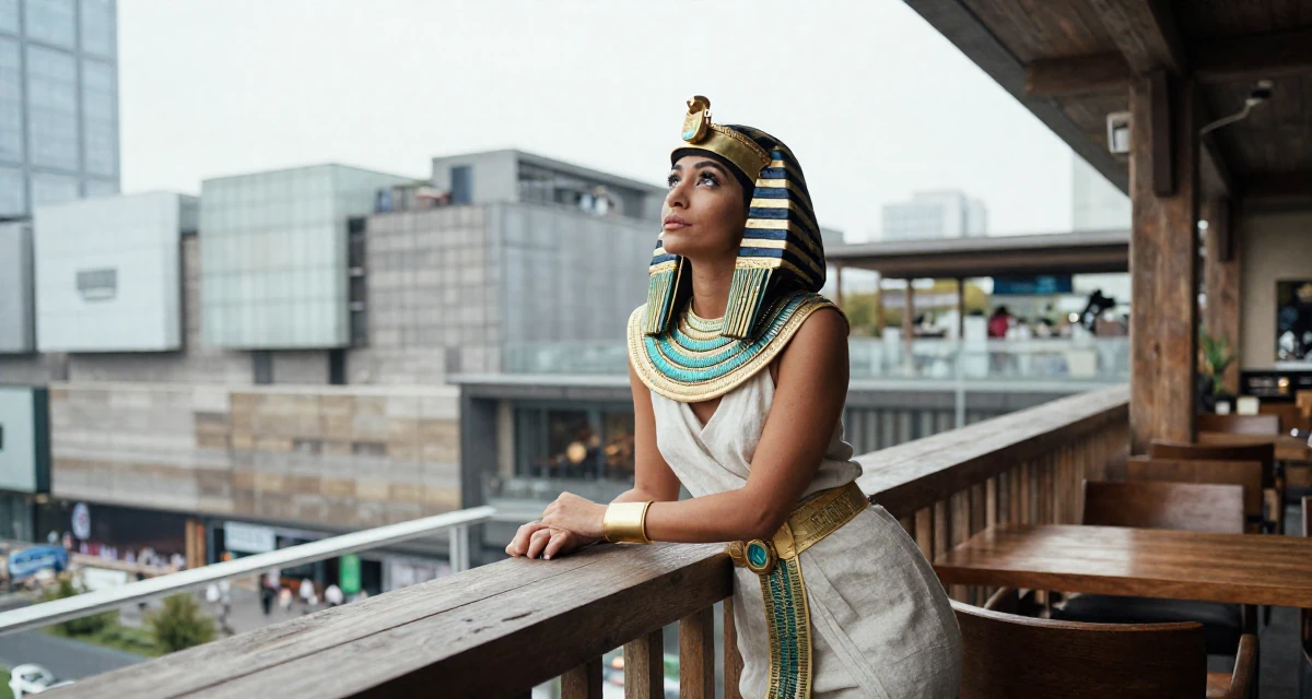 A bold and charismatic Female From Chengdu China, self-taught photographer with nightlife roots in their 24, refining a signature style between classy and daring, wearing a egyptian queen costume with gold collar and linen, looking up at the sky in a bowling alley.