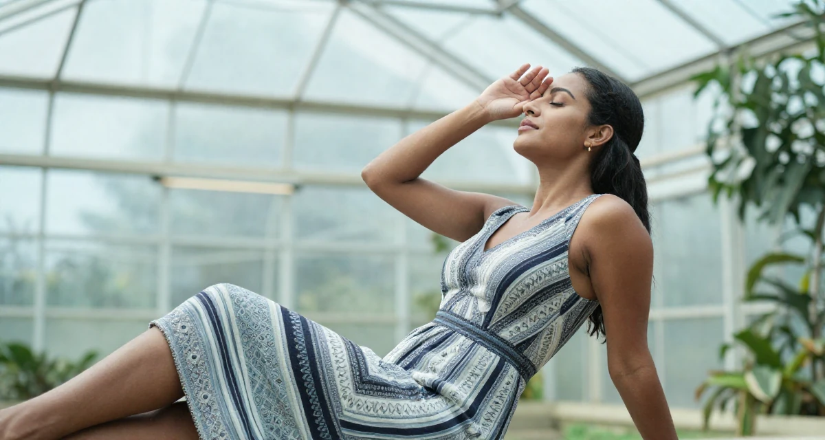 A relaxed Female From Trinidad & Tobago, studied performing arts in their 30, seeking adventure and outdoor challenges, wearing a sophisticated midi dress, covering eyes from the sun in a greenhouse interior.