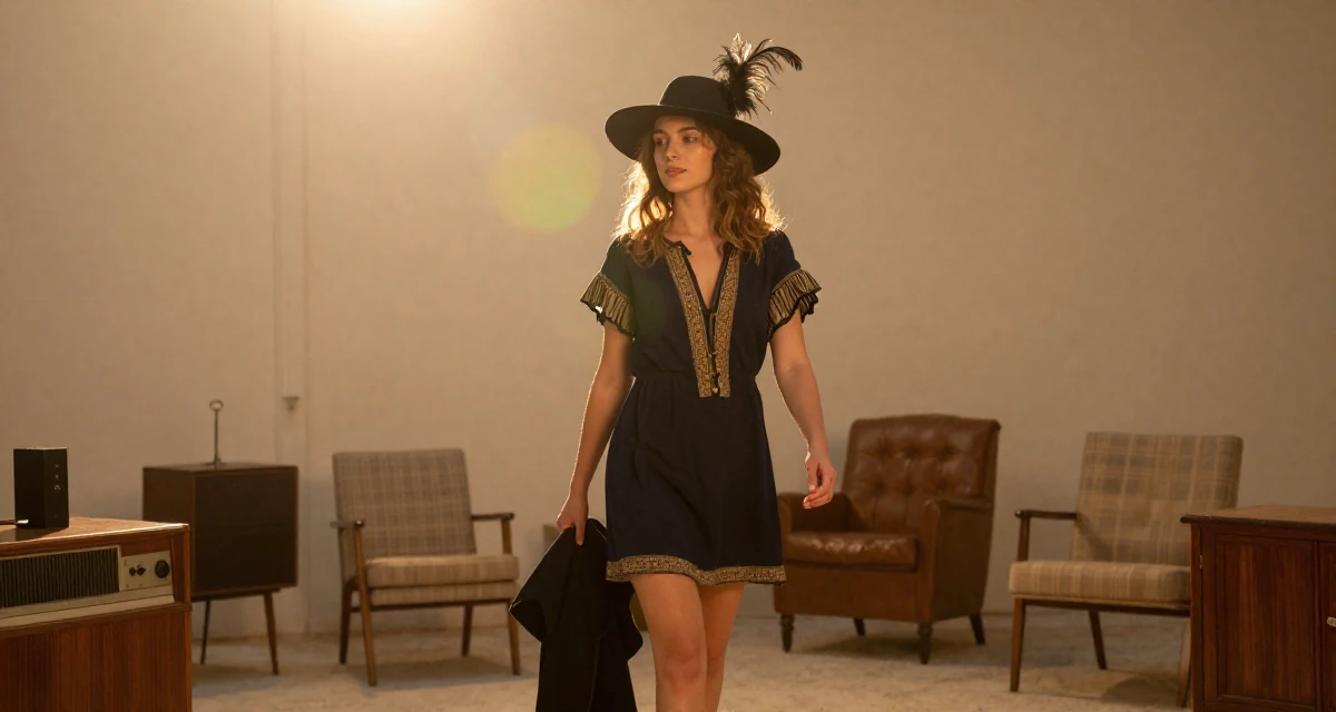 A gentle Female From Marseille France, trained in Mediterranean beach modeling in their 22, filming between classes because real life leaves no time, wearing a royal musketeer tunic with a feathered hat, putting on a jacket in a basement studio.