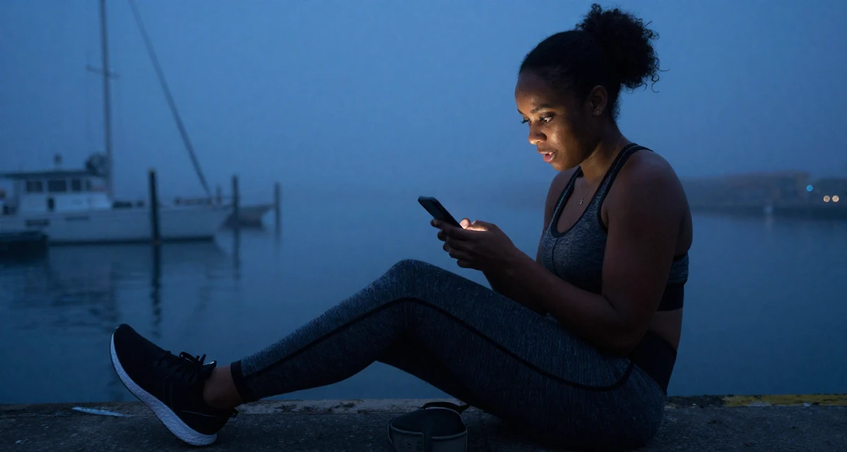 A playful Female From Barbados, majored in digital entrepreneurship in their 25, learning responsibility through small failures, wearing a sporty athleisure look, reading a text message in a foggy harbor.