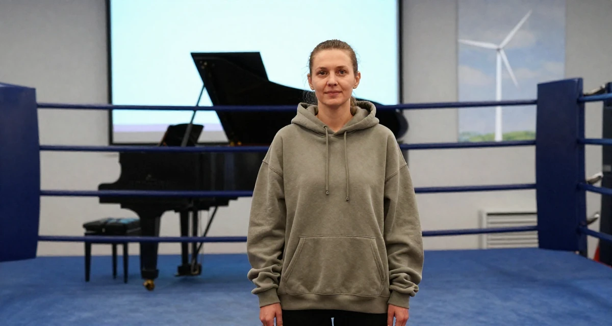 A sincere Female From Russia, has a background in piano performance in their 25, taking first steps toward financial autonomy, wearing a trendy oversized hoodie, waiting for a taxi in a boxing ring.