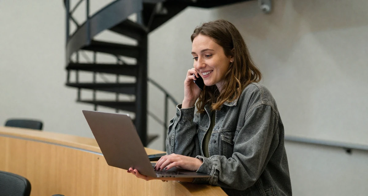 A delighted Female From England, majored in philosophy in their 25, still unsure how to price beginner subscriptions, wearing a comfortable urban casual outfit, holding a laptop in a lecture hall.