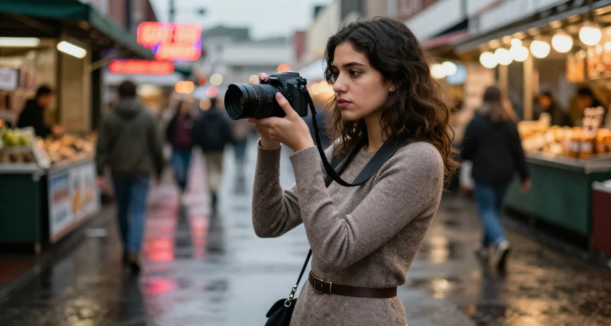 A introspective Female From USA, studied screenwriting in Los Angeles in their 25, starting college life away from home, wearing a form-fitting sweater dress with a belt, holding a camera ready to shoot in a bustling market.