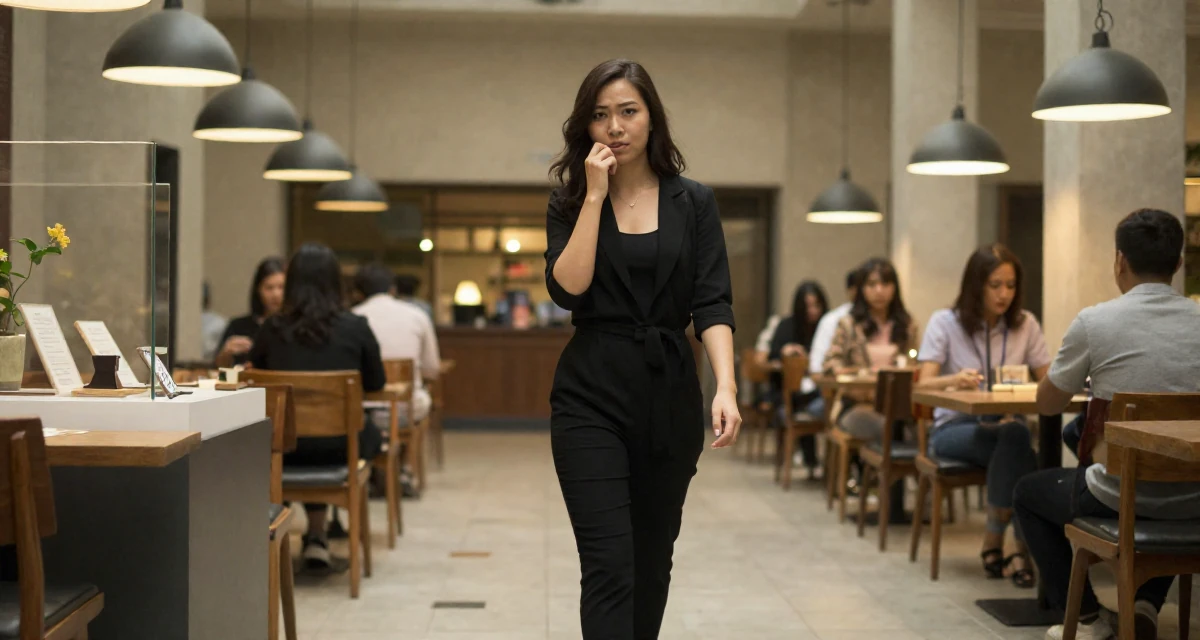 A sarcastic Female From Vietnam, majored in social work in their 28, recovering from a failed startup, wearing a black jumpsuit with a blazer style top, biting a lip thoughtfully in a museum exhibit.