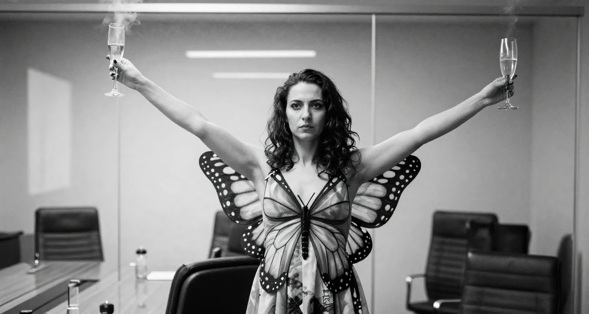 A indifferent Female From Serbia, based in Niš, graduated from a media program majoring in intimate persona development in their 40, redefining style for the modern professional, wearing a butterfly-themed fairy dress with large wings, holding a champagne glass in a glass-walled conference room.