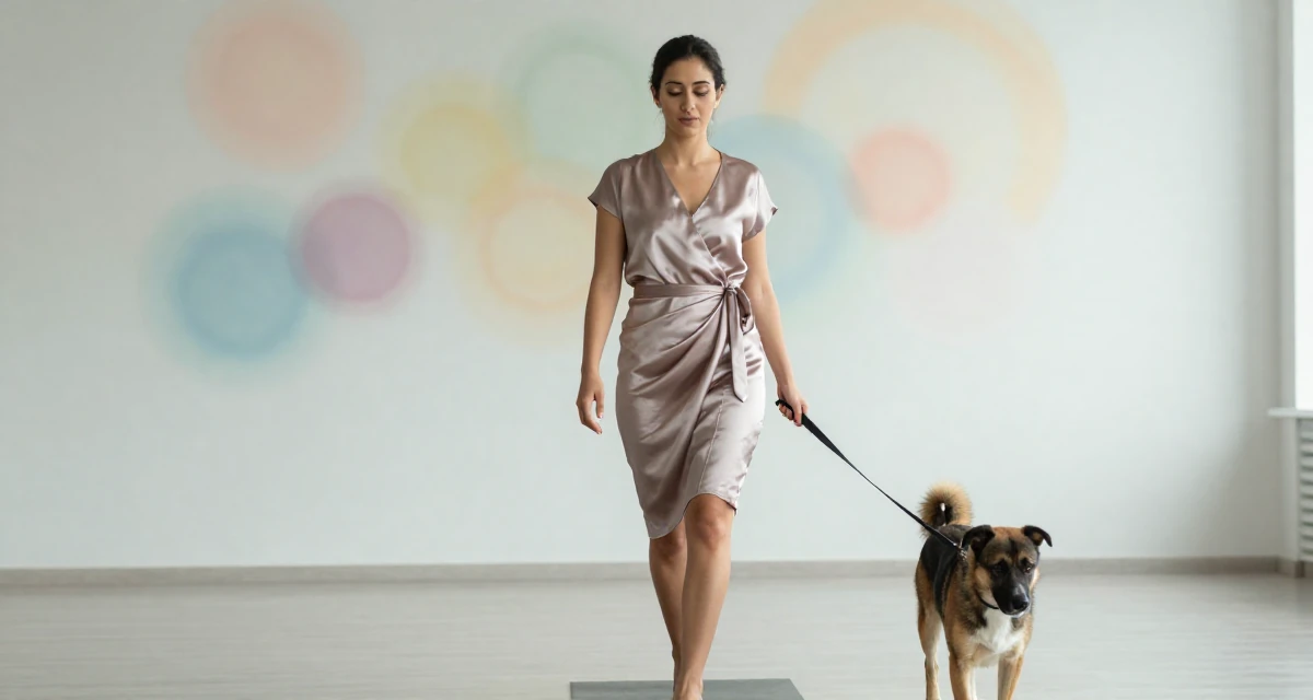 A empowered Female From Arabic-speaking world, majored in health administration in their 22, learning to advocate for personal boundaries, wearing a satin wrap dress tied loosely at the waist, walking a dog (leash visible) in a yoga studio.