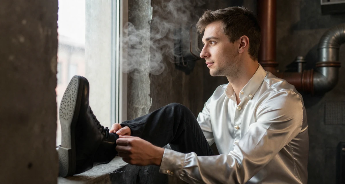 A gentle male From Romania, based in Timișoara, graduated from a creative program majoring in evocative content production in their 26, dealing with younger competition while finding identity, wearing a satin blouse with pearl buttons, looking out the window in a dungeon cell.