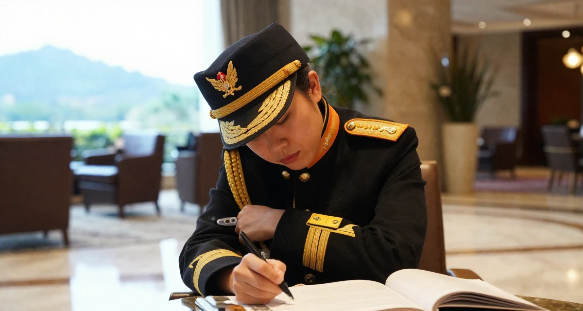 A sleepy Female From Singapore, based in Tampines, graduated from a polytechnic majoring in business analytics in their 36, documenting the process of writing a book, wearing a military general uniform with gold braiding and a hat, brushing off dust in a luxury hotel lobby.