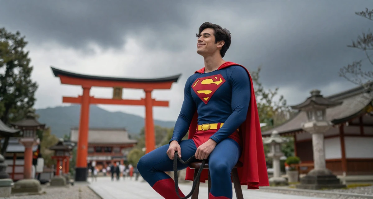 A blissful male From Mexico, studied cultural studies in their 22, forcing confidence even on days with no energy, wearing a superheroine spandex suit with a cape, holding a leash in a Japanese Shinto shrine.