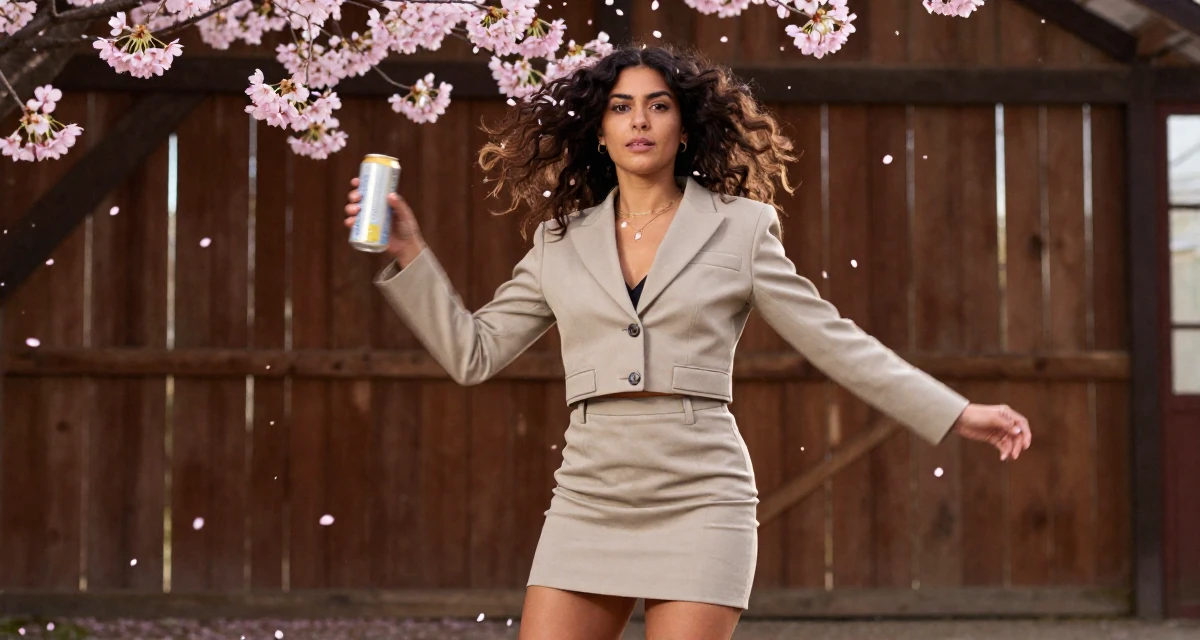 A proud and dignified Female From Paris France, studied artistic nude photography as a creative discipline in their 25, struggling to stay consistent during exams, wearing a cropped tailored jacket and matching mini skirt, holding a beverage can in a barn interior.