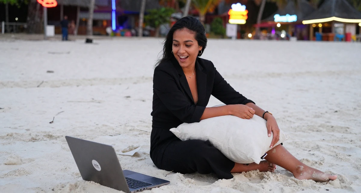 A vibrant and alive Female From Bangkok Thailand, studied tourism management in their 25, exploring creativity online, wearing a black jumpsuit with a blazer style top, hugging a pillow or cushion in a tropical white sand beach.