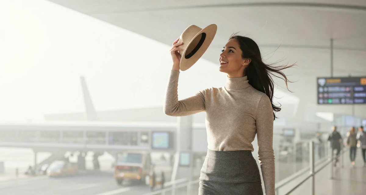 A upbeat Female From Australia, majored in finance at a private university in their 23, making decisions that will shape future lifestyle, wearing a fitted turtleneck and skirt, holding a hat against the wind in a airport terminal.