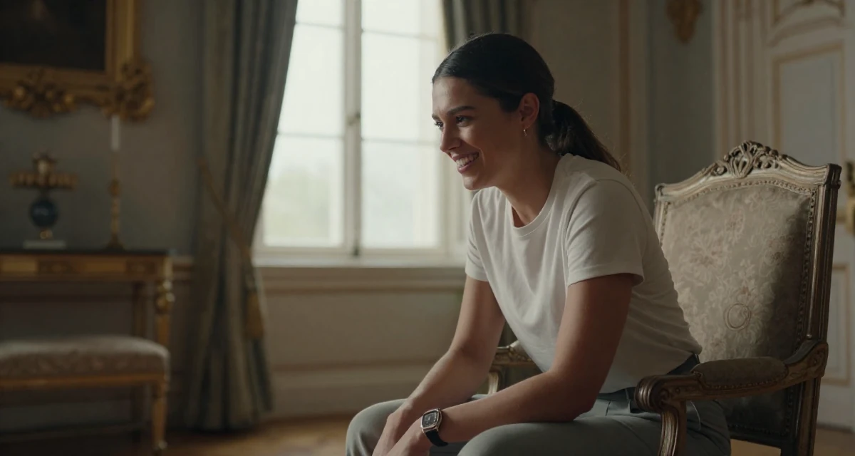 A suspicious Female Former personal trainer, now documenting transformation journeys for fans in their 25, adjusting expectations for adult life, wearing a minimalist everyday clothing, laughing softly in a royal palace throne room.