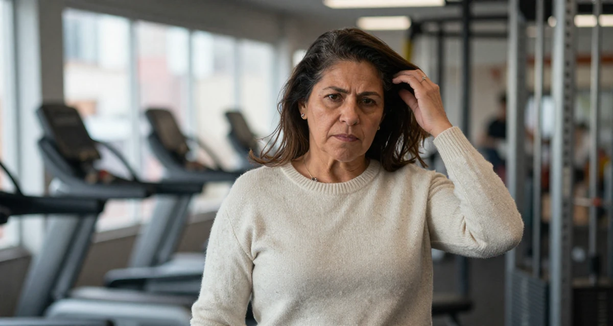 A gently serious Female From El Salvador, studied social communication in their 51, switching careers later in life, wearing a soft cashmere sweater worn with nothing visible underneath, retouching hair volume in a gym interior.