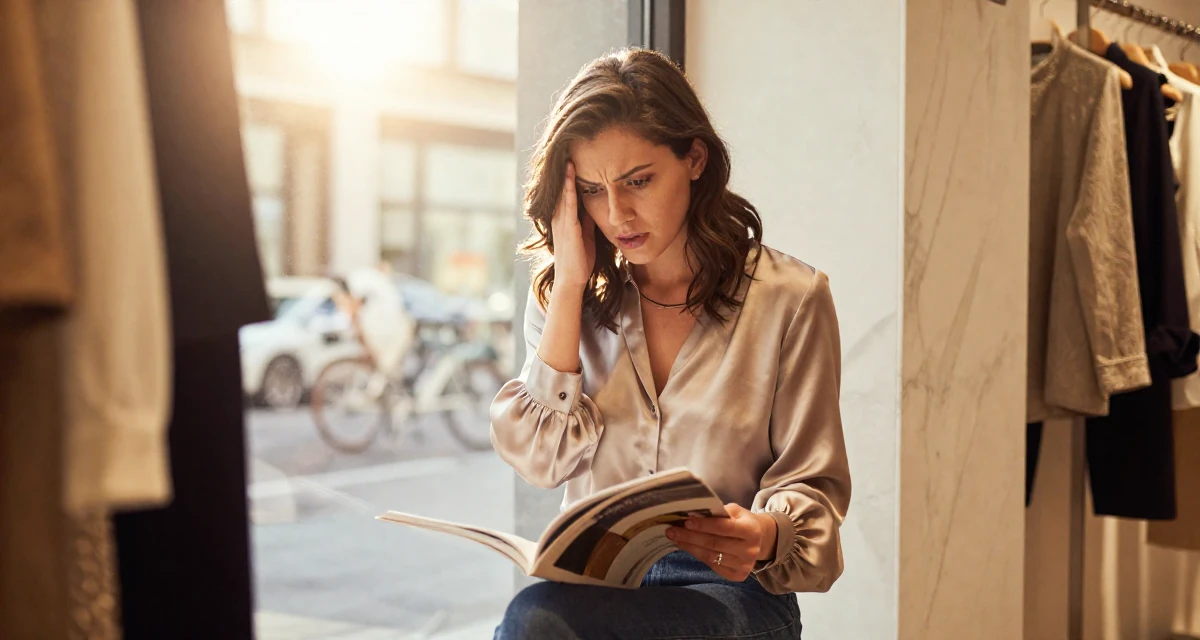 A curious and focused Female Born overseas, studied communication studies in their 25, dealing with nervousness before posting first video, wearing a silk blouse with oversized cuffs, flipping through a magazine in a clothing boutique.
