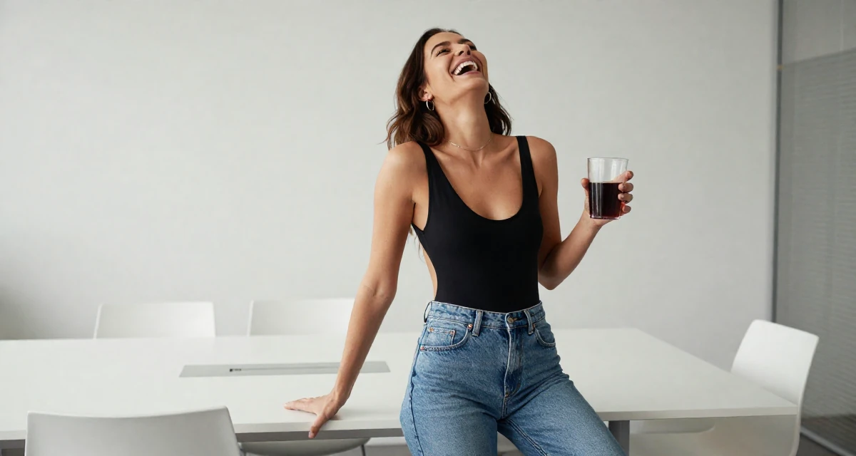 A upbeat Female From Germany, studied information engineering in their 21, laughing openly with head thrown back, wearing a open-back bodysuit with vintage denim jeans, holding a cold drink in a conference room.